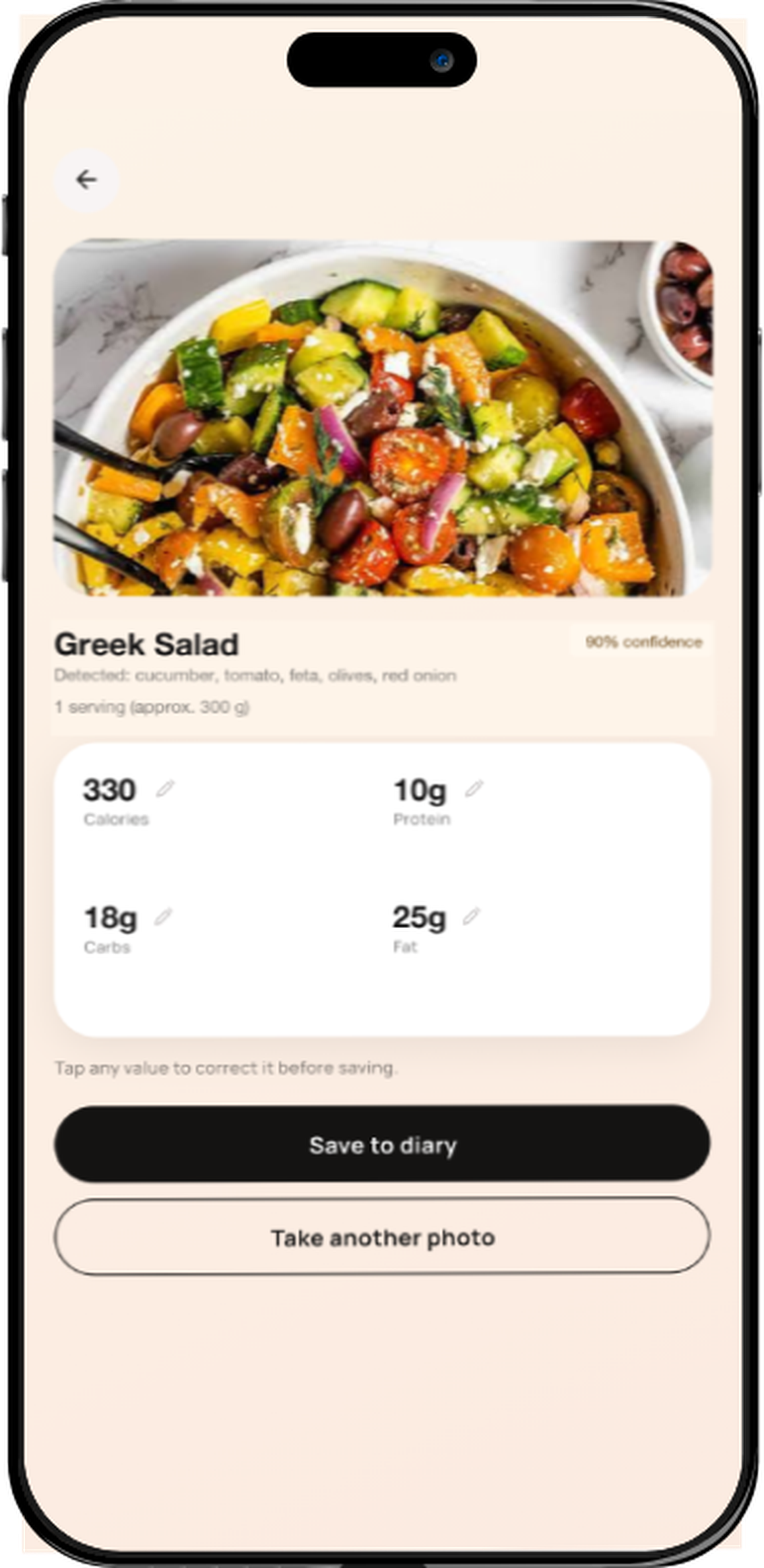 DeficitAI showing a photographed Greek salad estimated at 330 calories, with editable protein, carbs and fat.